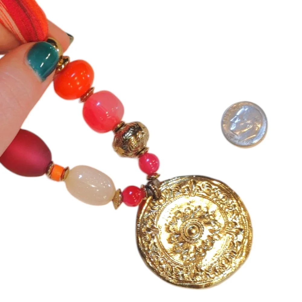 Chicos Pink Orange Beaded Scarf Pendant Statement Necklace Fashion Jewelry